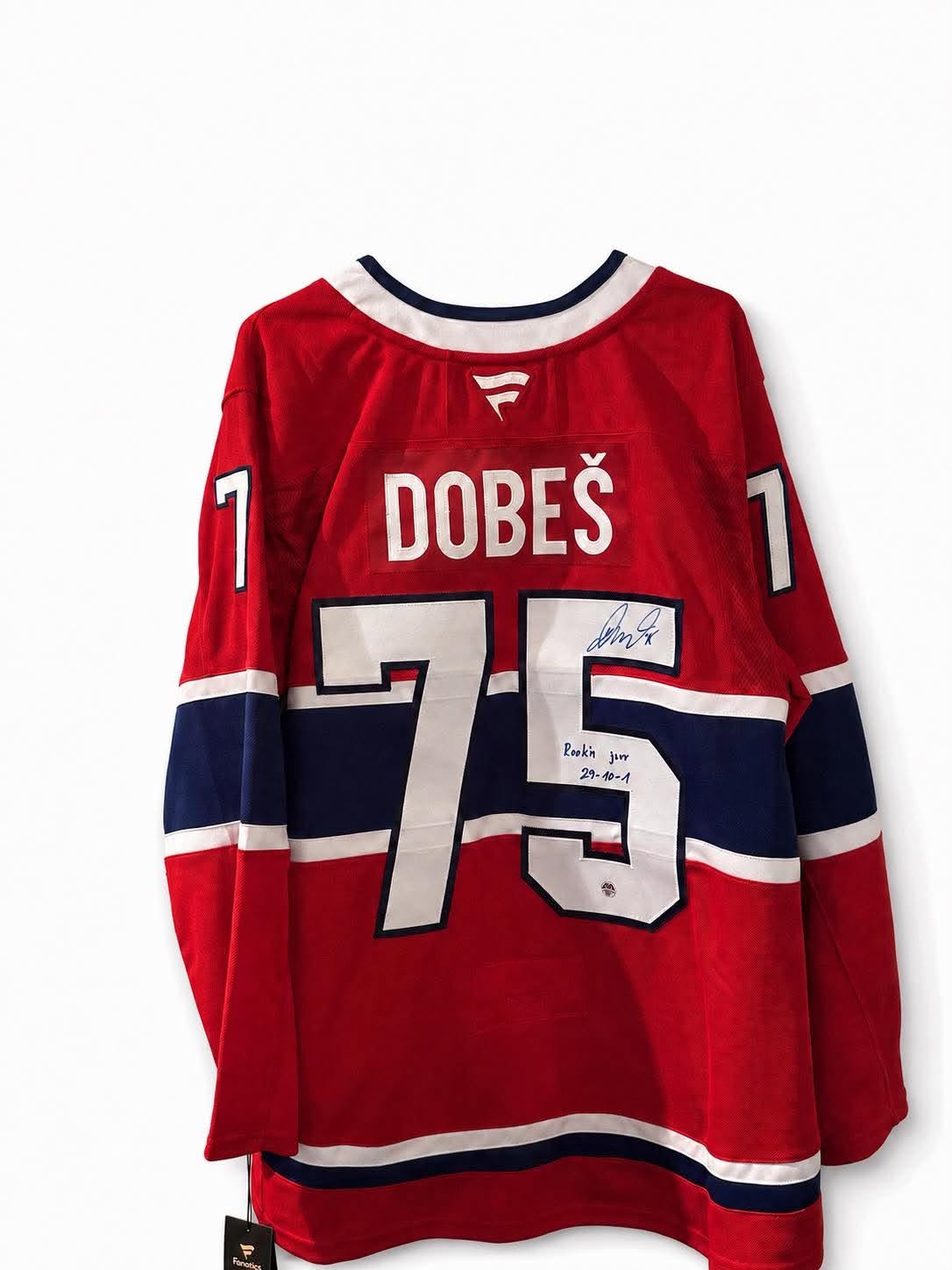Jakub Dobes #75 –  Fanatics Premium Chandail home autographié avec inscription "stats rookie season"– COA