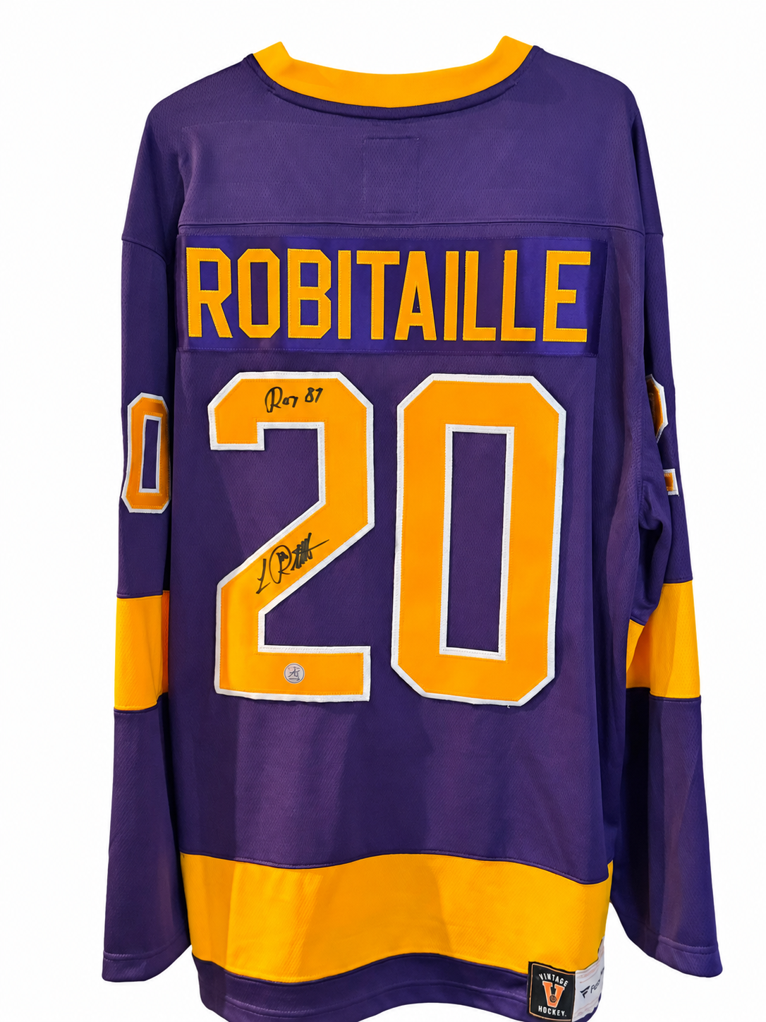 Luc Robitaille #20 – Chandail Fanatics Breakaway autographié avec inscription "ROY 87"– AJ Sports COA
